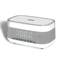 White multifunctional alarm clock with Bluetooth speaker and wireless charging pad