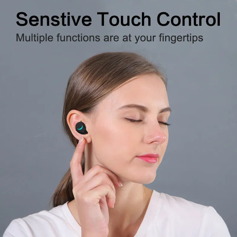 Black TWS Bluetooth headset with earplug design showing wireless earbuds