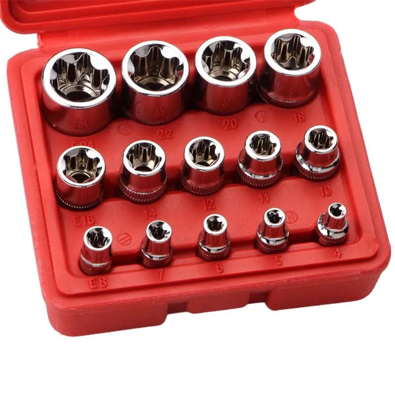 Red box containing a 14-piece chrome vanadium steel E-type socket set for auto and mechanical repair.