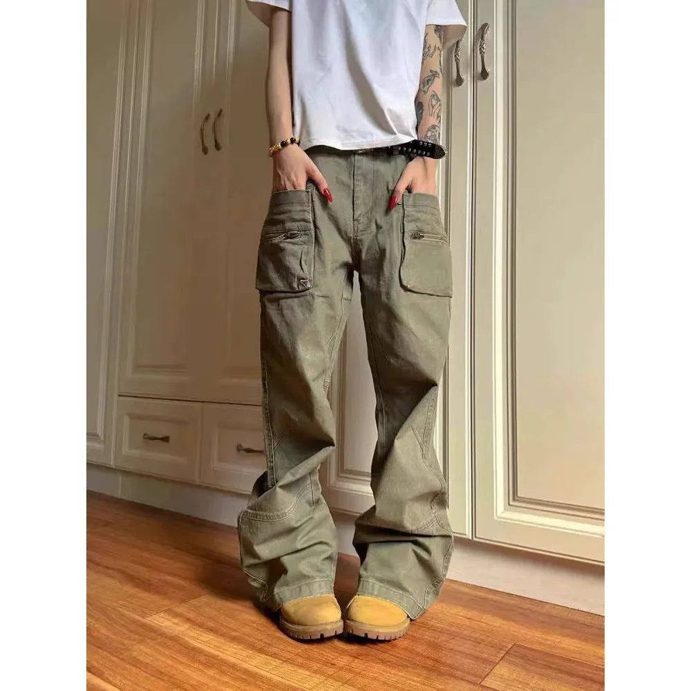 Green and black cotton casual workwear pants with double zipper front closure and multiple pockets