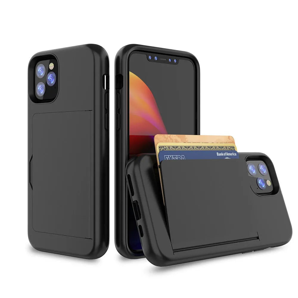 Slim solid-colour mobile phone case for iPhone 11, shown in black, red, pink, blue, dark blue, and purple.