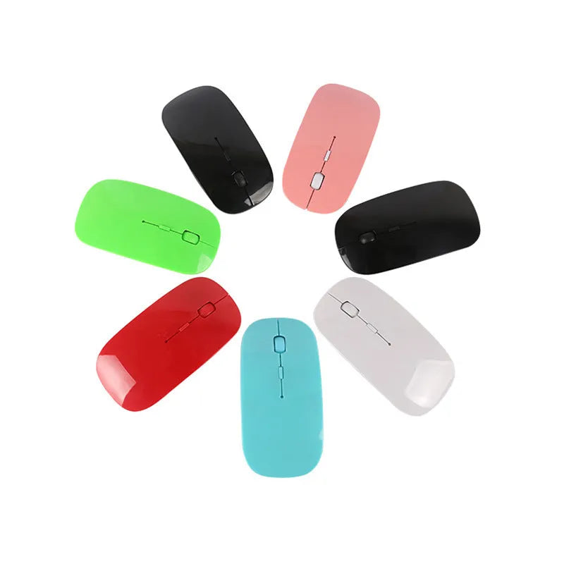 Ultra-thin wireless USB mouse shown in multiple colour options: black, blue, green, pink, red, white.