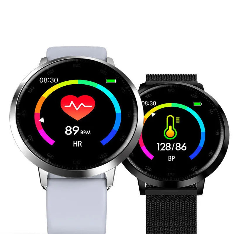 Ultra-thin smart health bracelet in silver with a zinc alloy case and a black silicone wrist strap.