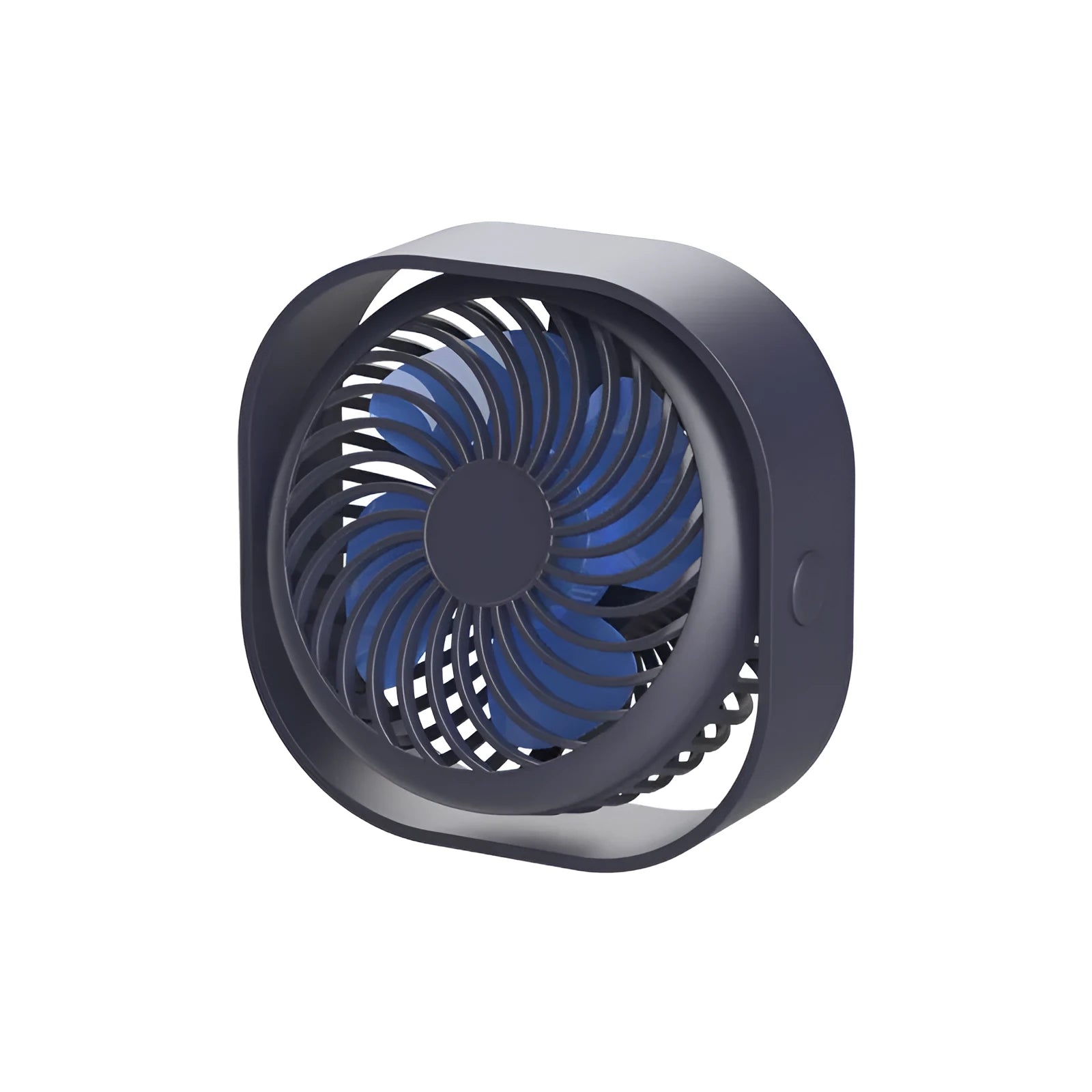Blue USB desk fan with alarm clock display and plastic blades on a white desk.