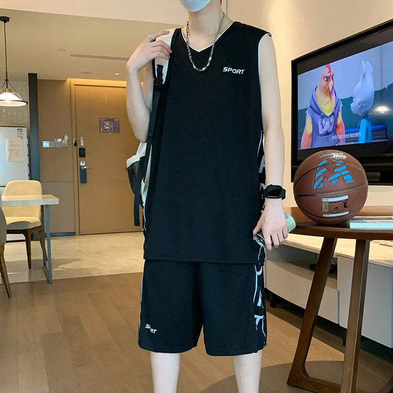 Basketball sports suit comprising sleeveless vest and matching shorts in polyester fabric