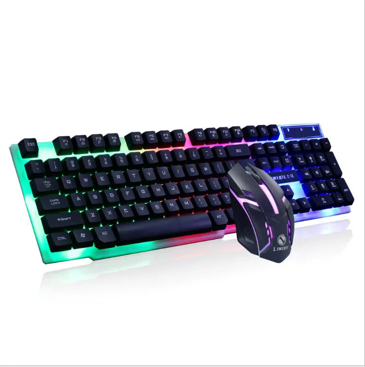 Limei Gtx300 black and white mechanical gaming keyboard and mouse set with backlight on a desktop.