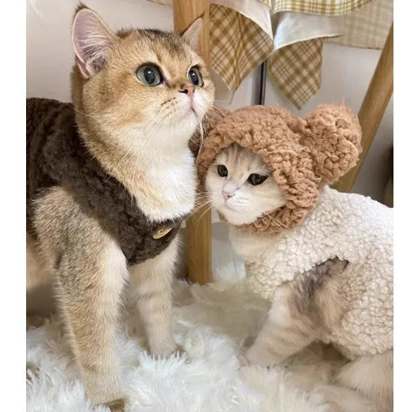 Apricot and brown lamb wool polar fleece cat winter vest showing front view on mannequin