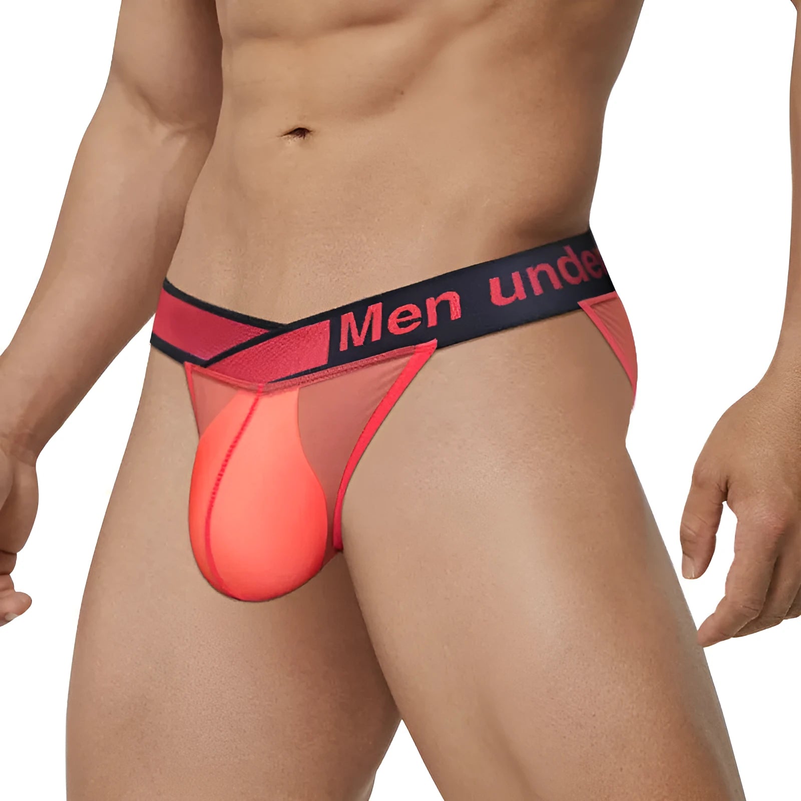 Men's solid colour ice silk nylon briefs showing low waist and large V gradient design.