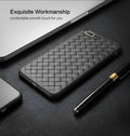 Luxury grid weaving iPhone case in eco-friendly TPU showing weaving pattern and precise port cutouts