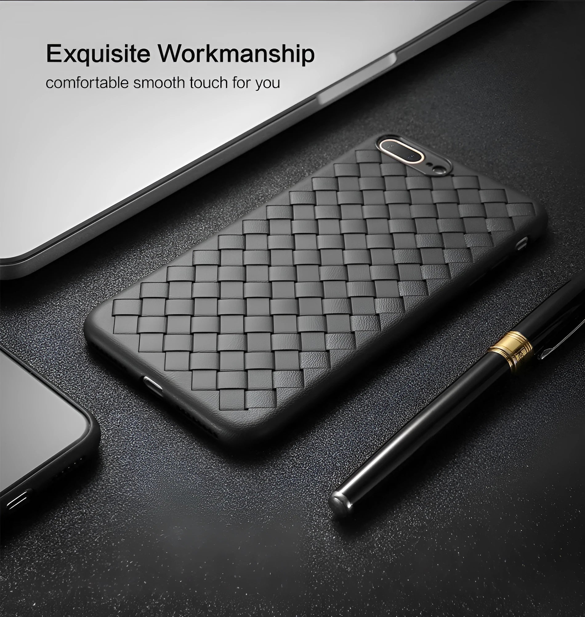 Luxury grid weaving iPhone case in eco-friendly TPU showing weaving pattern and precise port cutouts