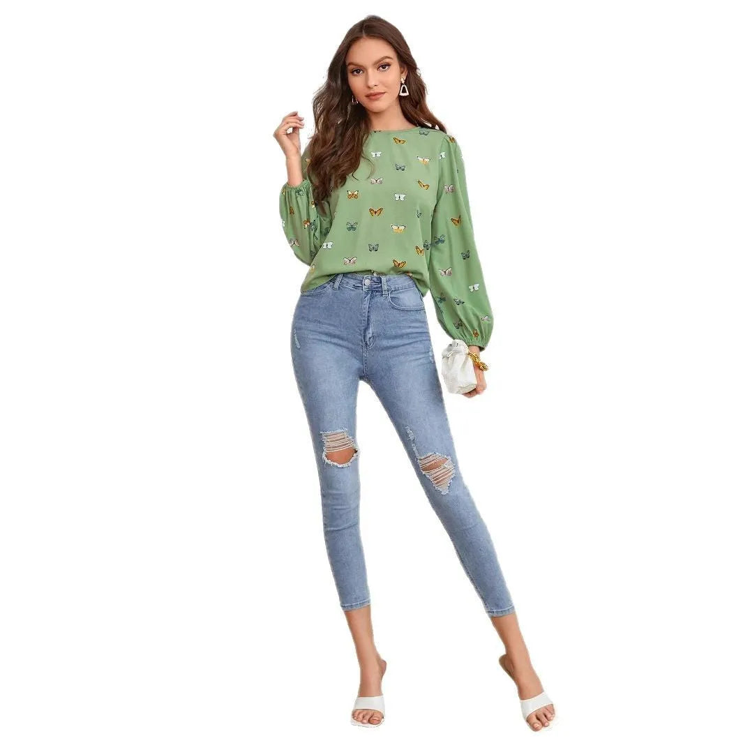 Women's long-sleeved butterfly print shirt in loose fit green or orange
