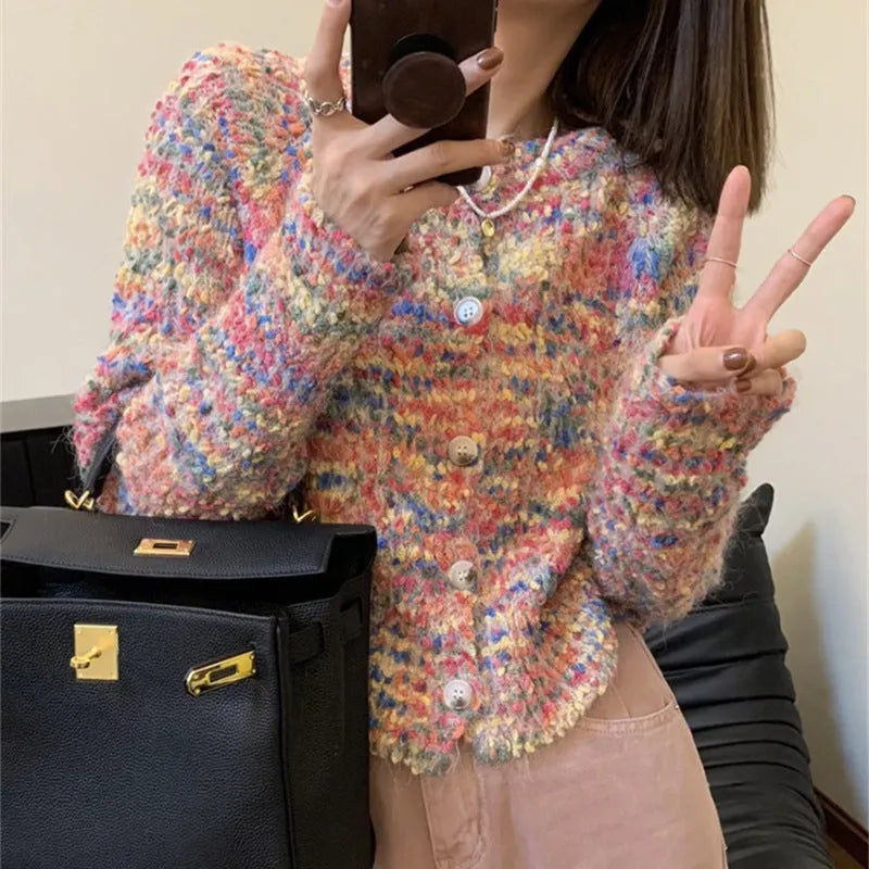 Rainbow patterned knitted cardigan sweater in green colour with toothbrush hair texture