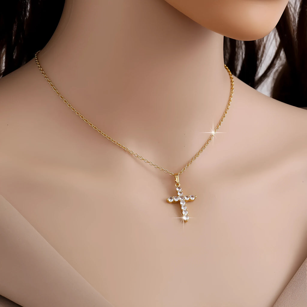 Gold plated cross necklace for women with cubic zirconia stones on a 45 cm chain, shiny finish