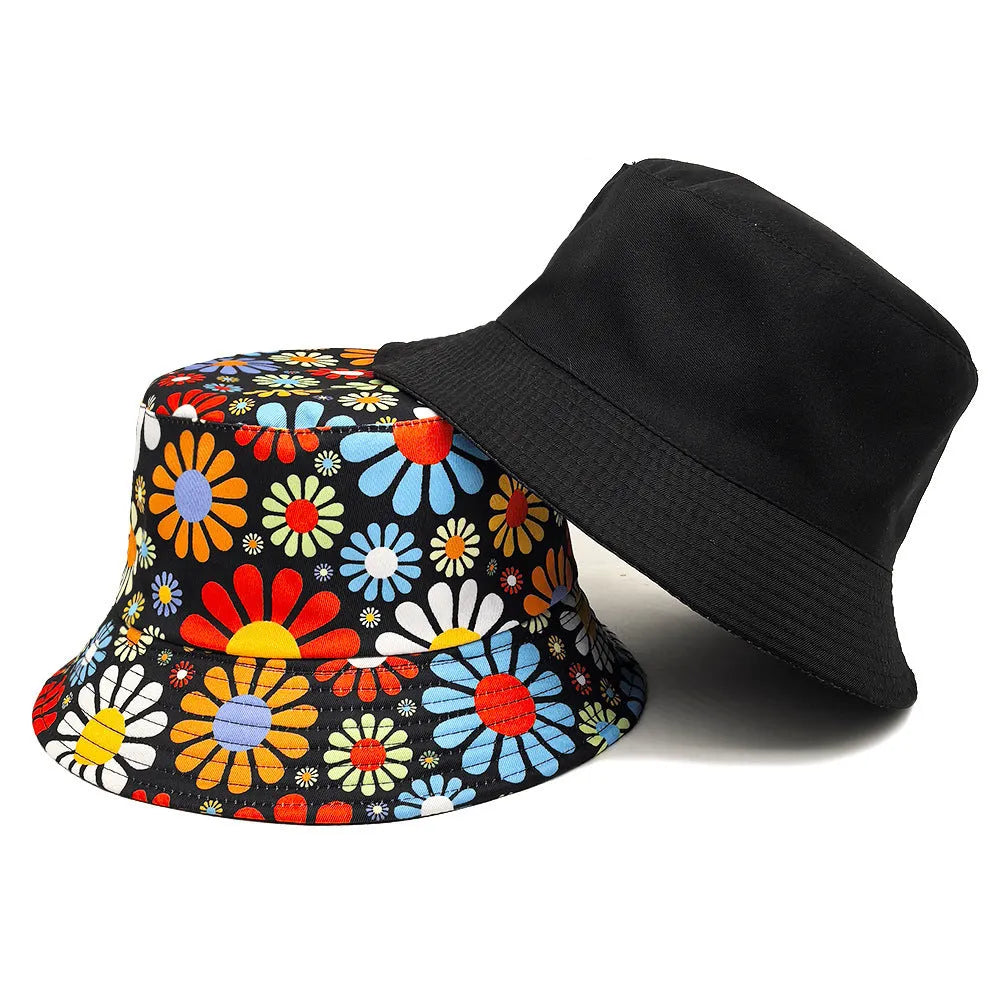 Colourful floral print polyester bucket hat with dome crown on white background