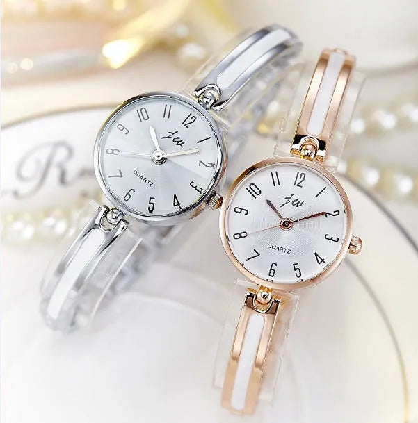 Steel belt fashion watch with gold or silver finish, 2.5cm dial, mineral glass, and steel strap on a white background