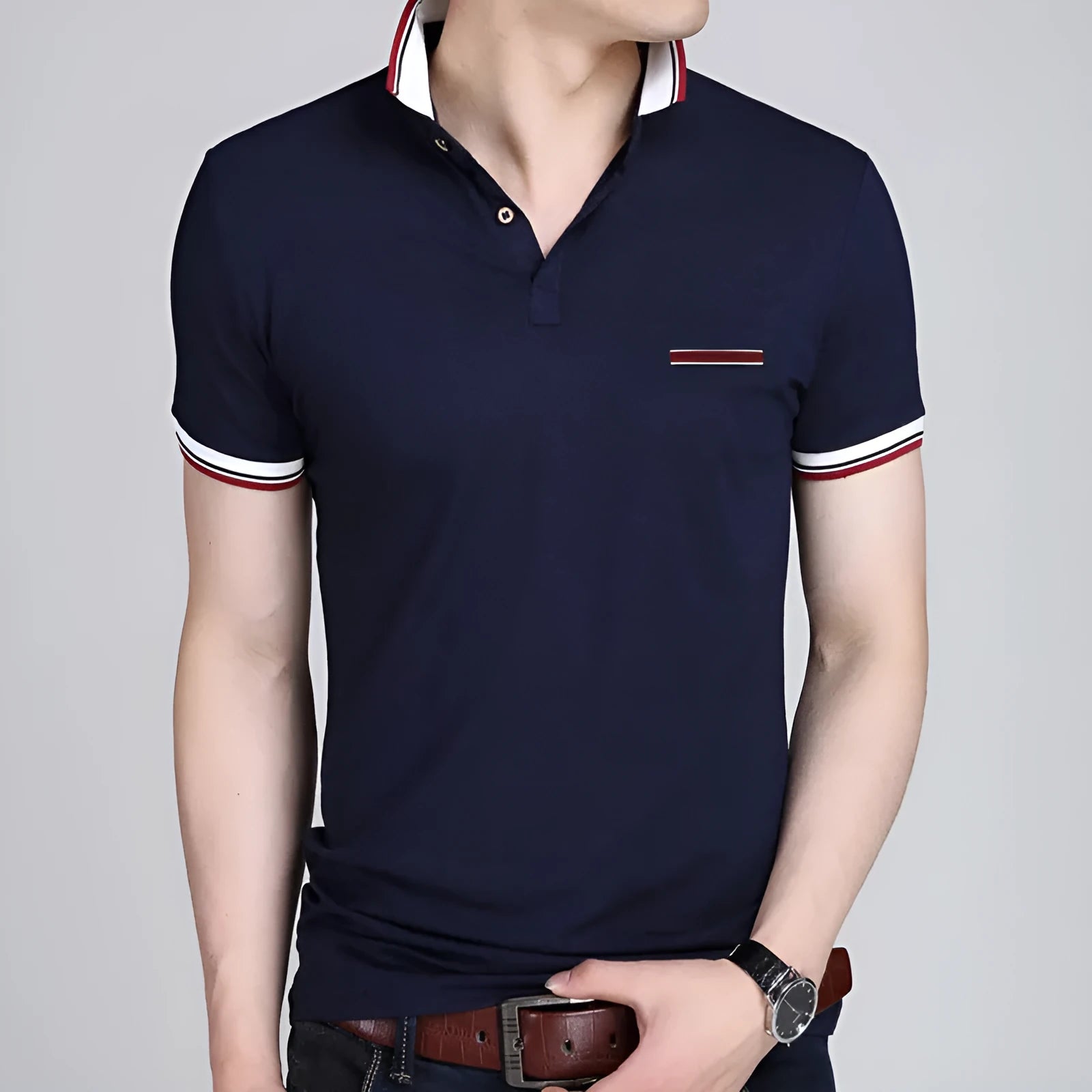 Men's lapel short sleeve T-shirt in 100% combed cotton with geometric collage print, black colour option