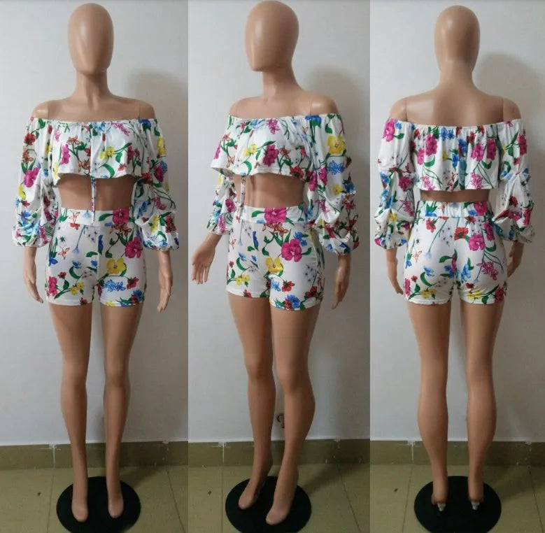 Women's multicolour digital print two-piece set with pile sleeve top and matching shorts.