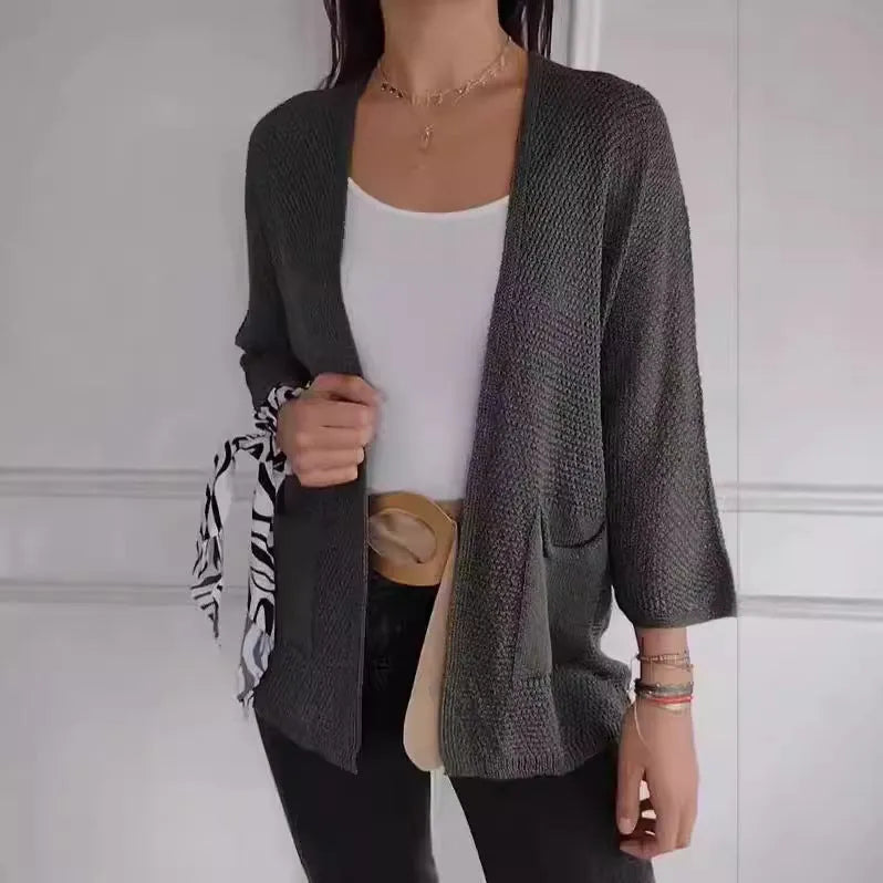 Women's waffle knit cardigan coat with nine-quarter sleeves in army green colour