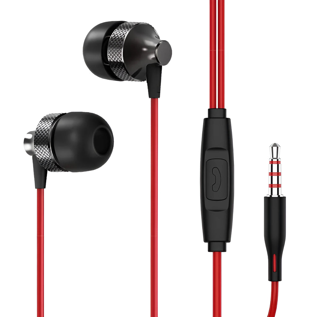 Auricular Metal Fever Heavy Bass Copper In-Ear Headphones in gold, silver, black, and red/black colours with braided cable.