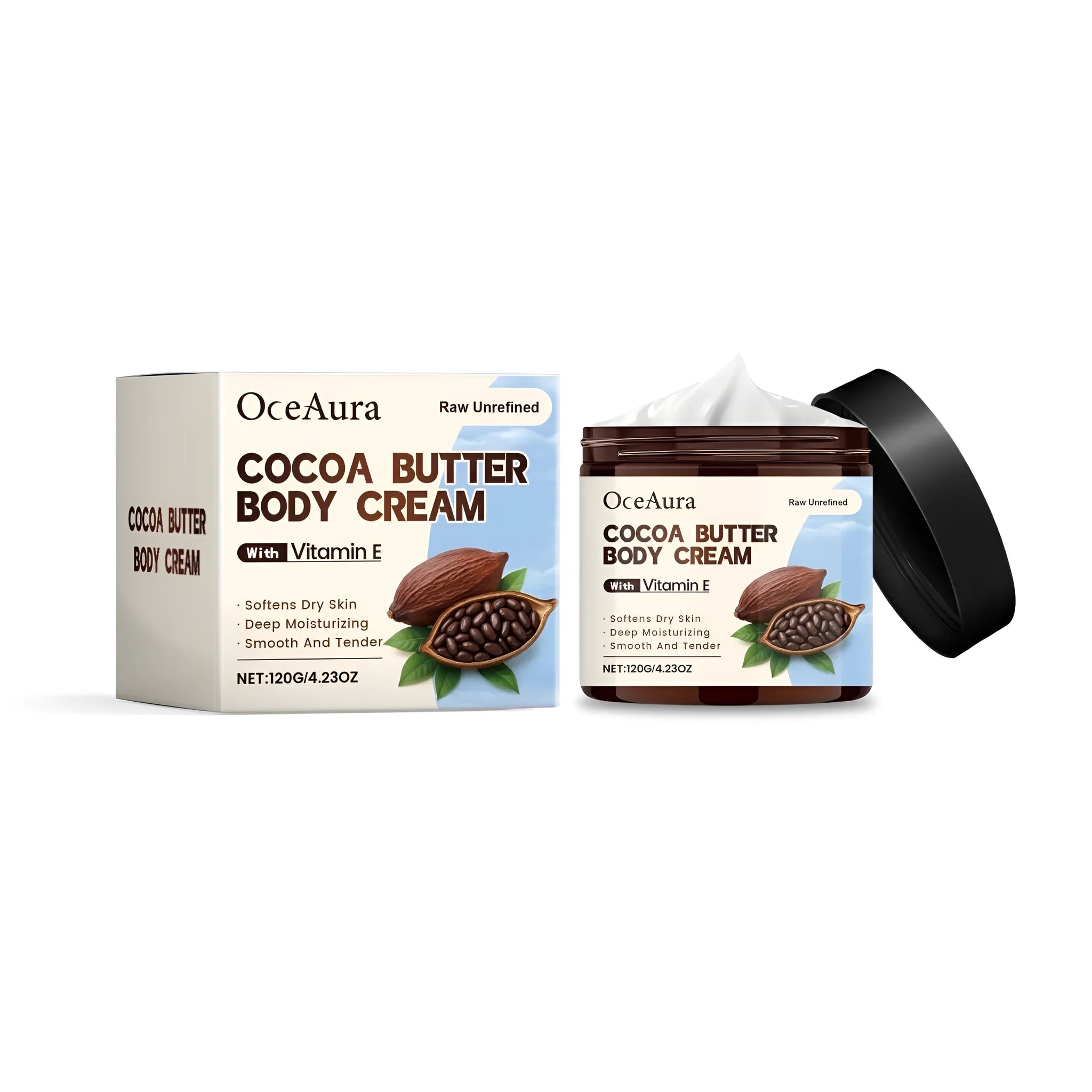 Cocoa butter body cream in 120g container with coconut oil and vitamin E for dry skin moisturising