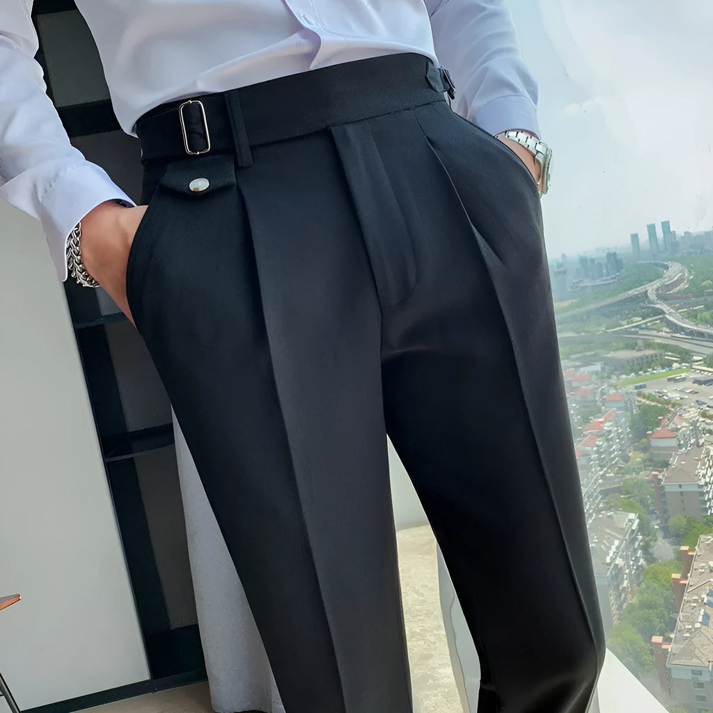 Men's straight-leg casual trousers in black polyester on a plain background.