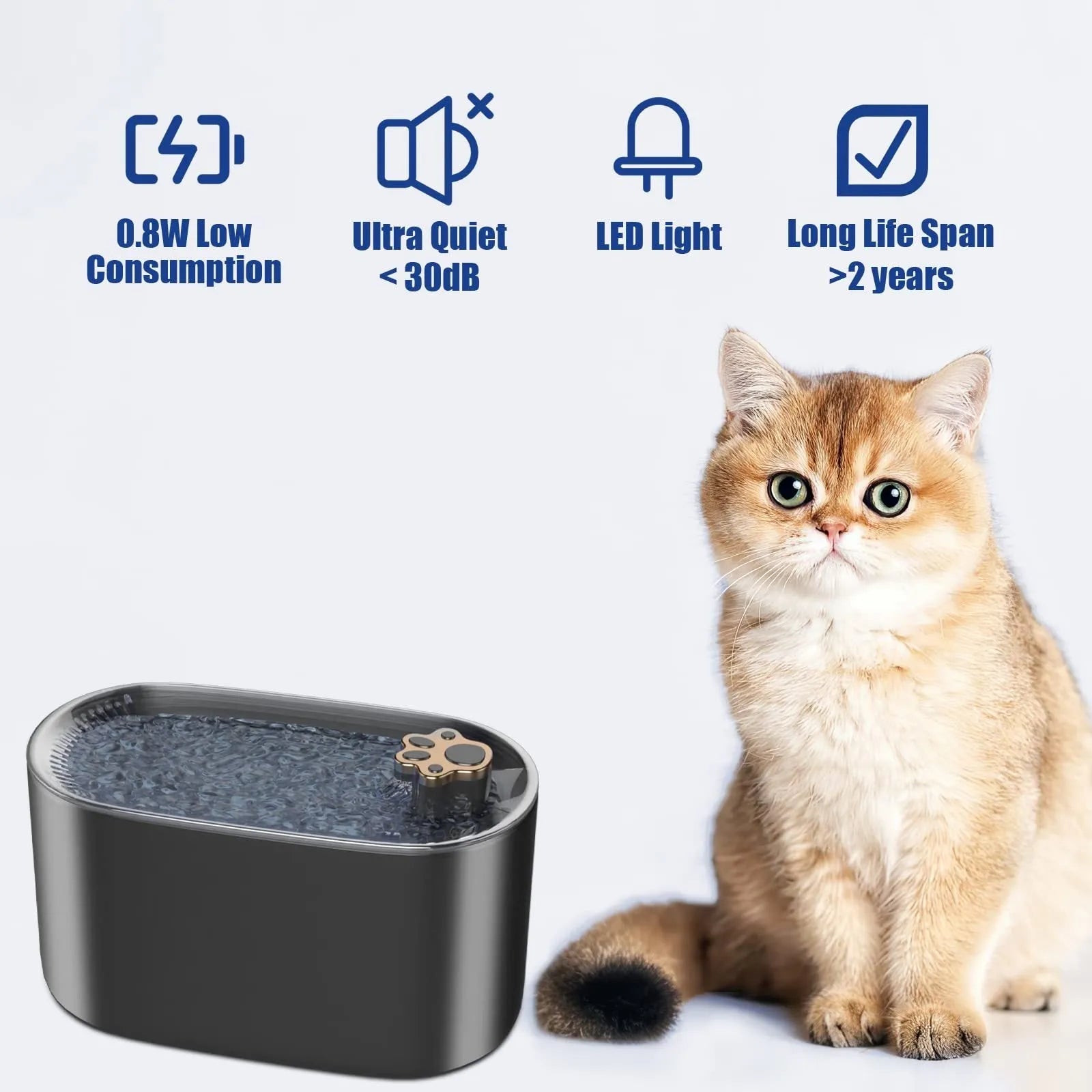 Blue automatic pet water fountain with 3-litre capacity, filtration system, and LED indicator light