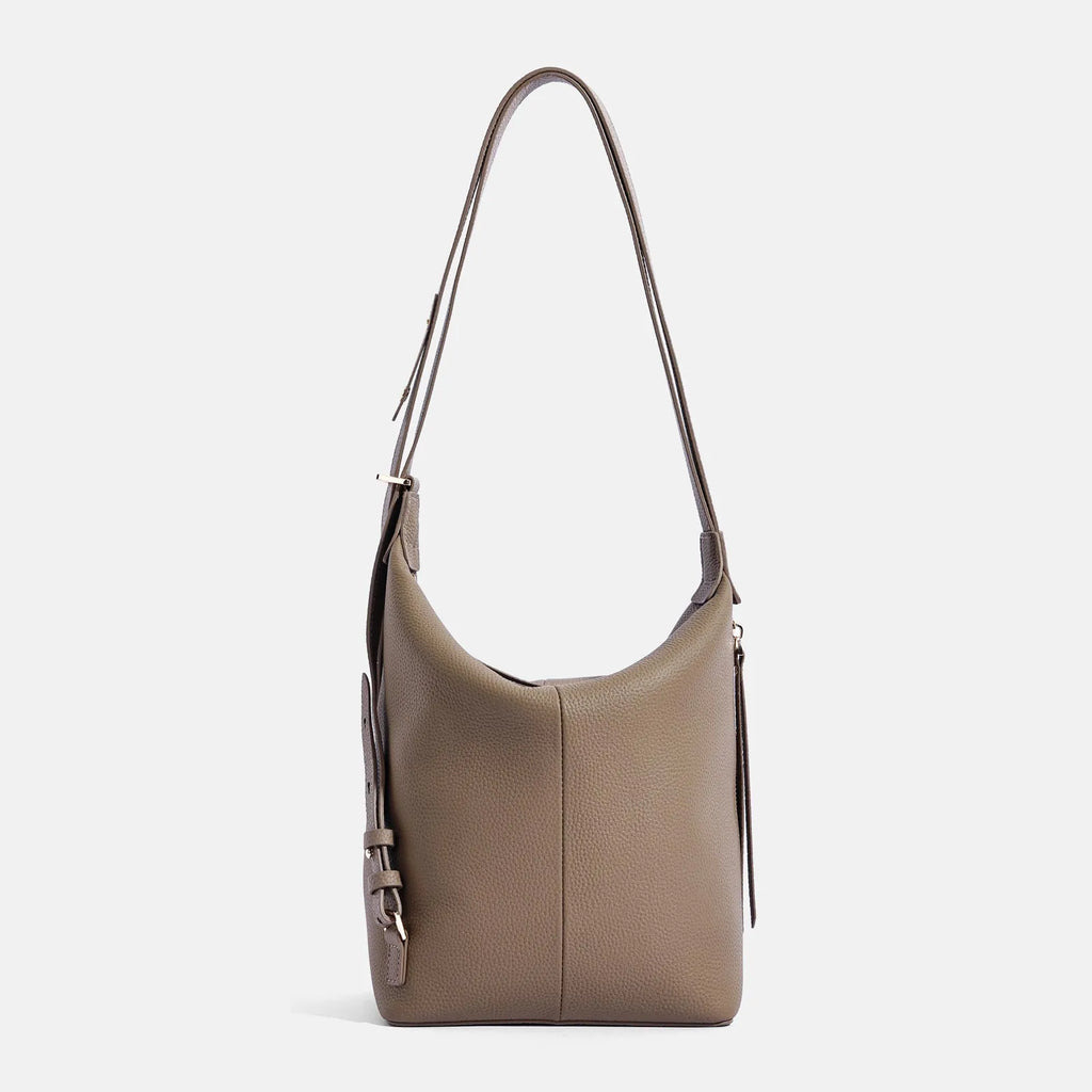 Women's soft cowhide leather bucket bag in elephant grey, black, or milky white