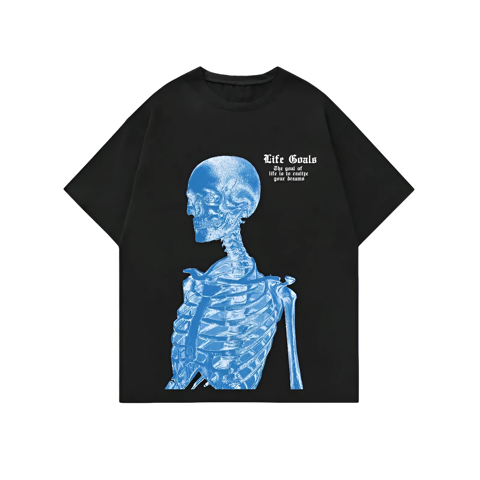 Men's short-sleeved printed streetwear T-shirt on a hanger, showing digital pattern design.