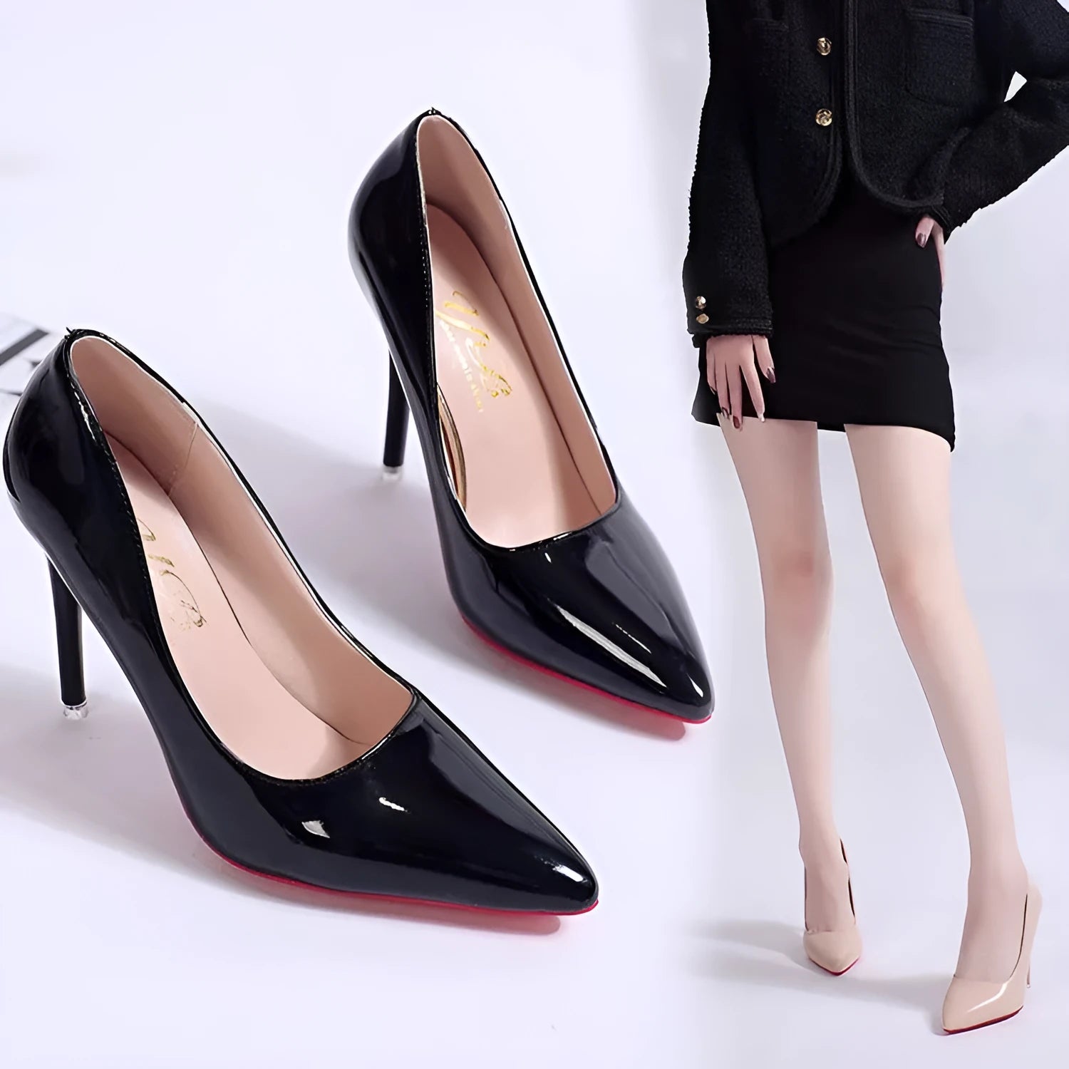 Women's solid colour stiletto heel court shoes with pointed toe and shallow cut design.