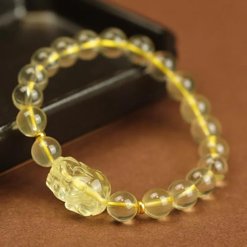 Yellow leather cord Pi Xiu bracelet with artificial crystal citrine beads in simple Chinese style