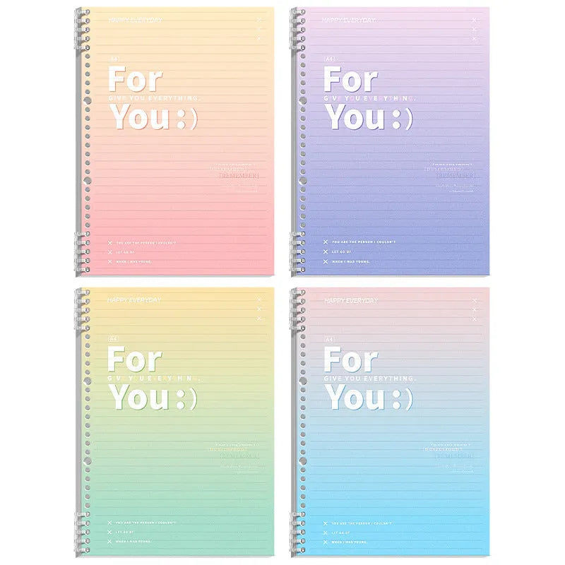 Removable coil notebook with gradient coloured cover in blue, showing coil binding and wood-free paper pages