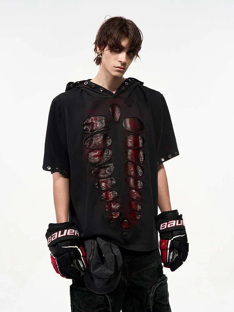 Black men's hooded T-shirt with short sleeves and all-over sequin design.