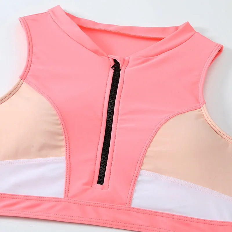 Pink high waist split bikini swimsuit with ammonia mesh lining and nylon fabric construction