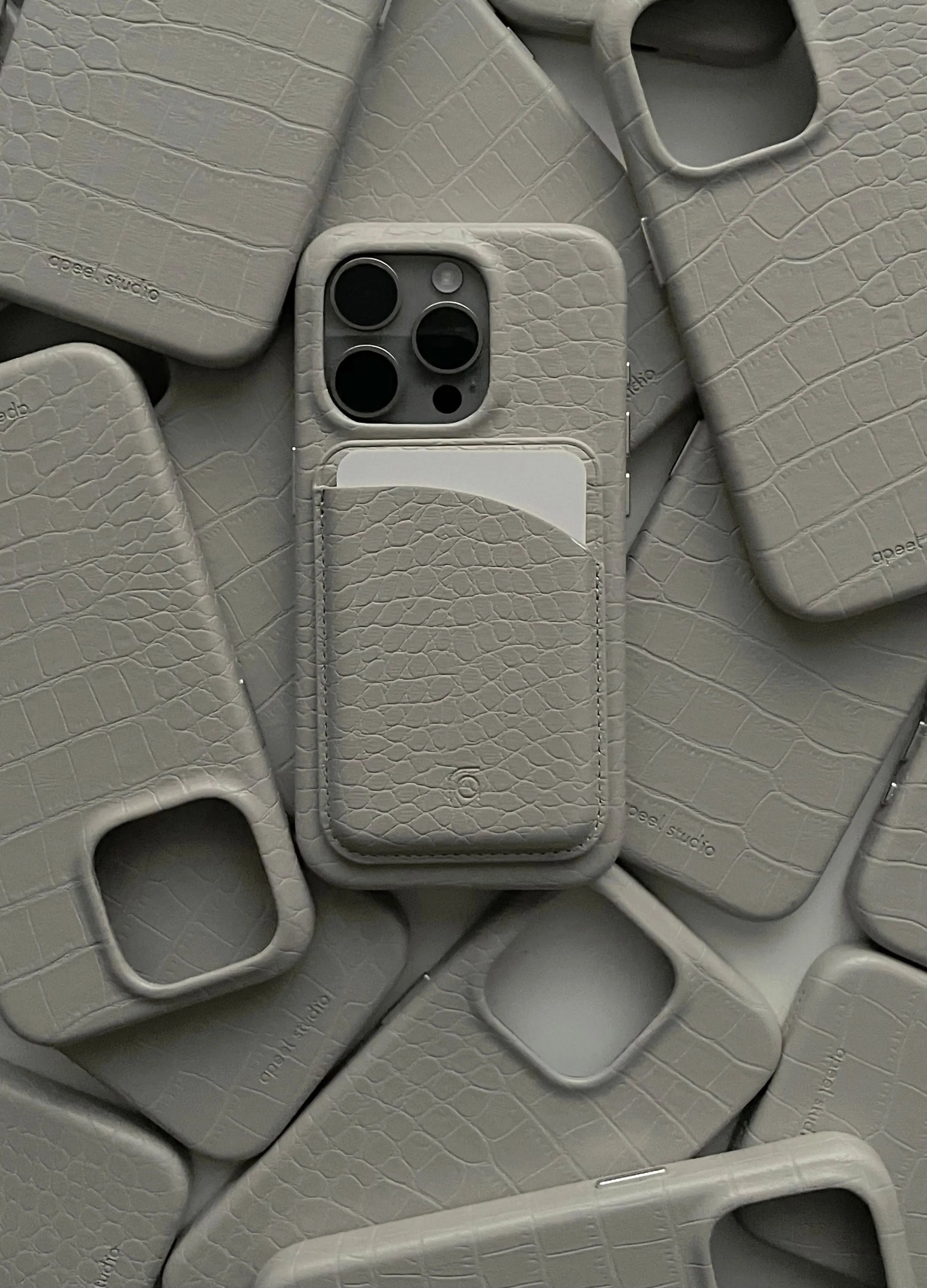 Cream grey patterned faux leather phone case with anti drop protection for iPhone