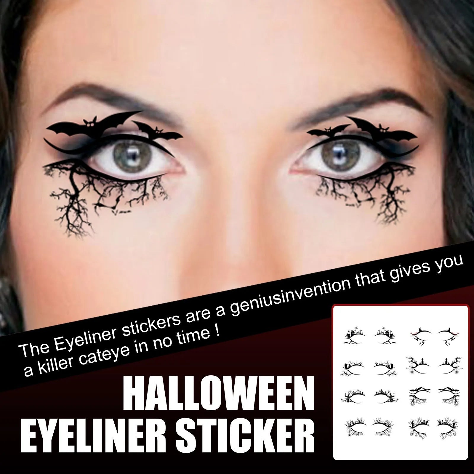 Eight pairs of bat and spider design eyeliner stickers for decorative Halloween makeup
