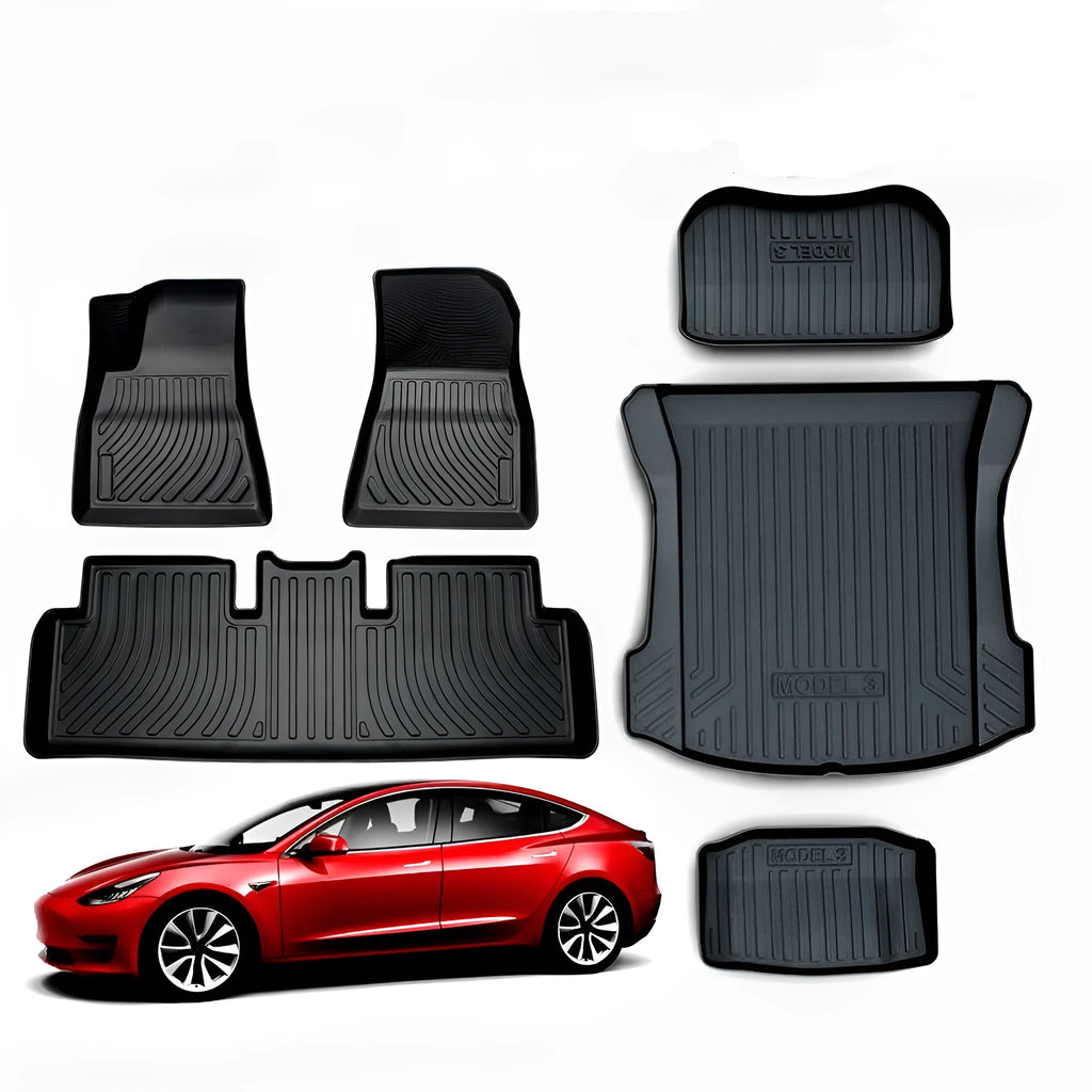 Custom rubber floor mats for Tesla cars, showing TPE footrest section and model-specific contours.