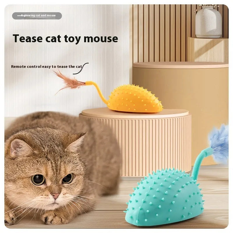 Remote control and USB rechargeable silicone mouse-shaped cat toy with attached feathers, in cyan colour.