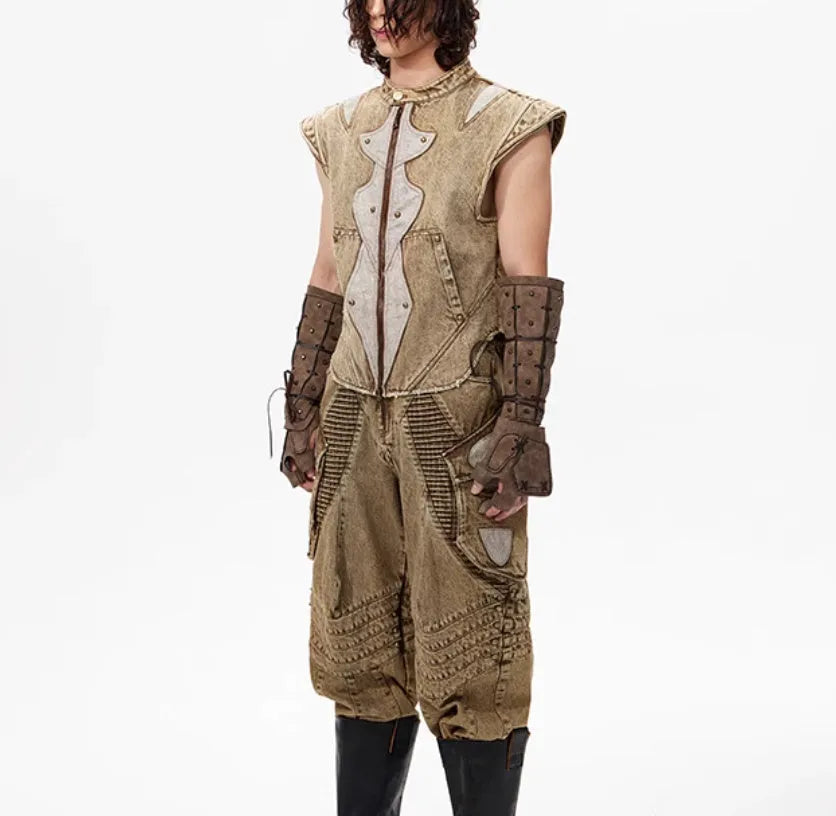 Men's denim pleated waistcot in cotton fabric with Korean style cut, shown in available colour