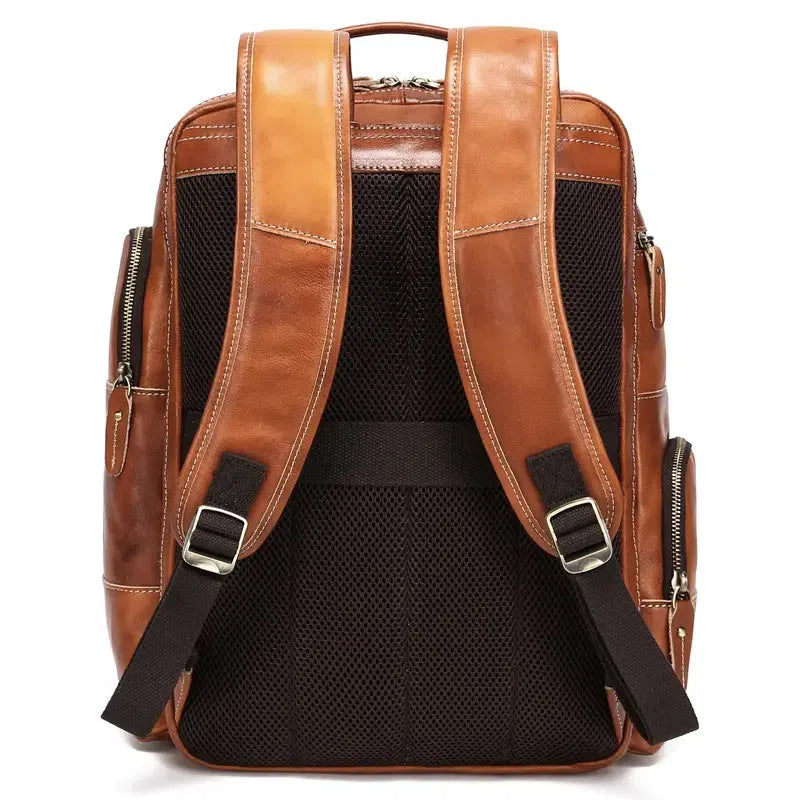 Bronze genuine leather backpack with structured design and top handle for business travel