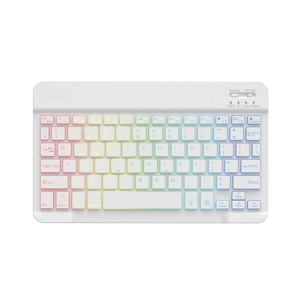 10-inch wireless Bluetooth keyboard with colourful backlighting for tablets, shown in black case.