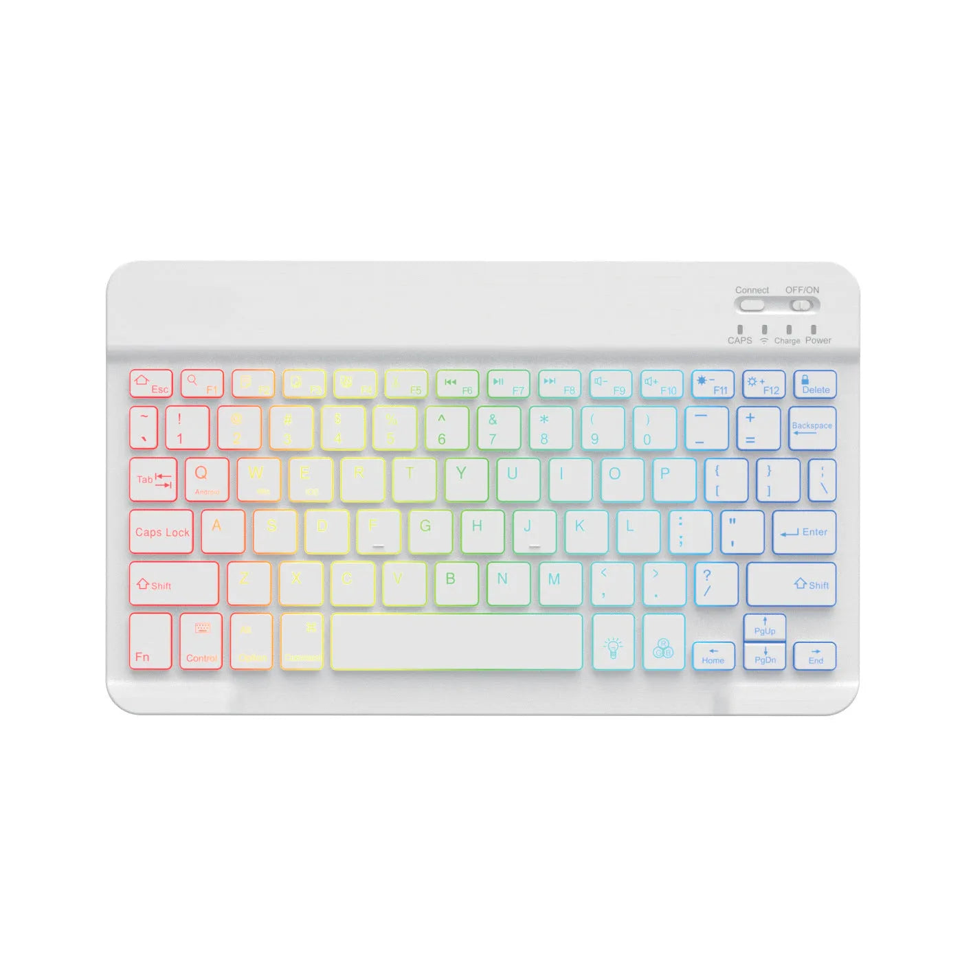 10-inch wireless Bluetooth keyboard with colourful backlighting for tablets, shown in black case.