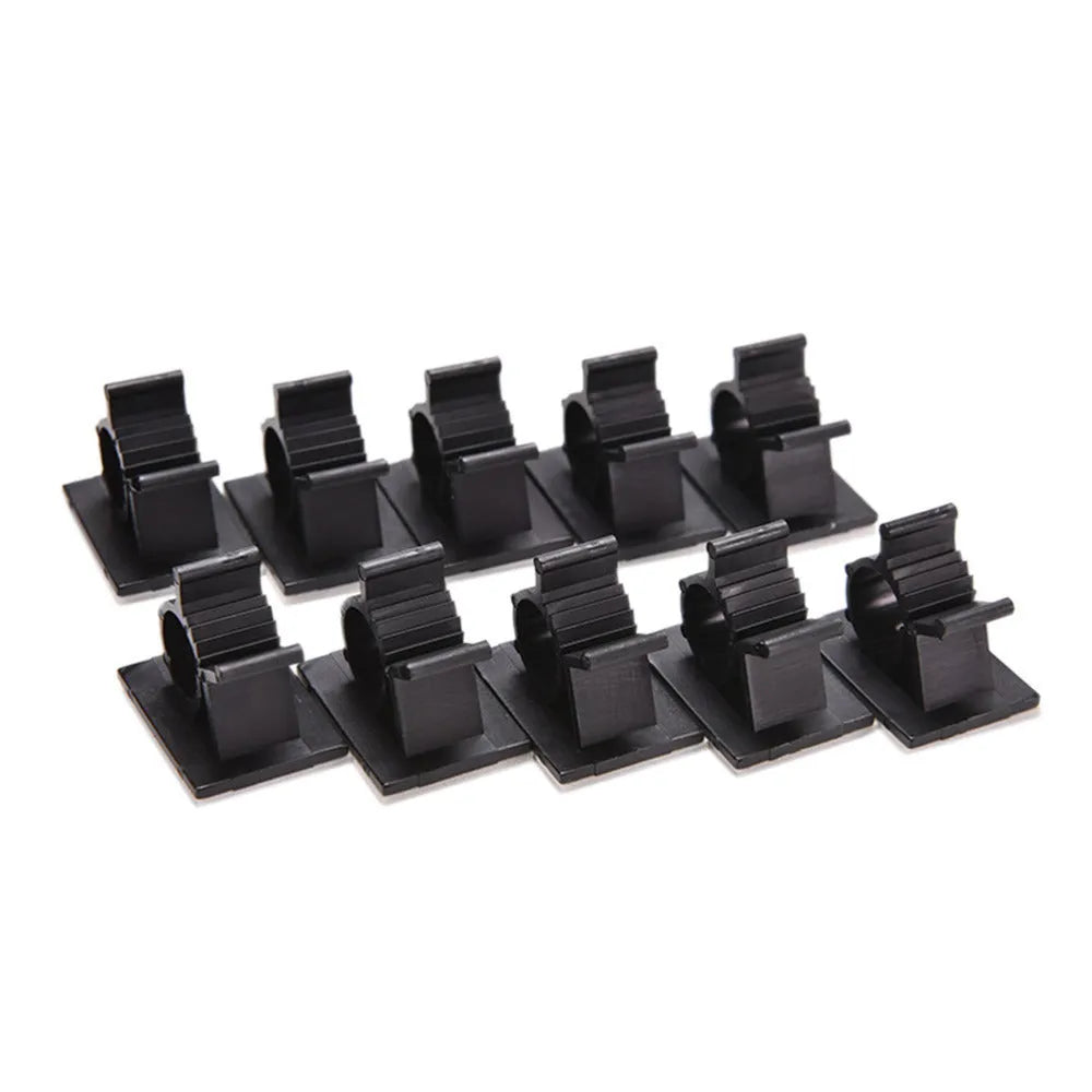 Ten black nylon adhesive cable clamps with two-stage lock design for 13mm cables.