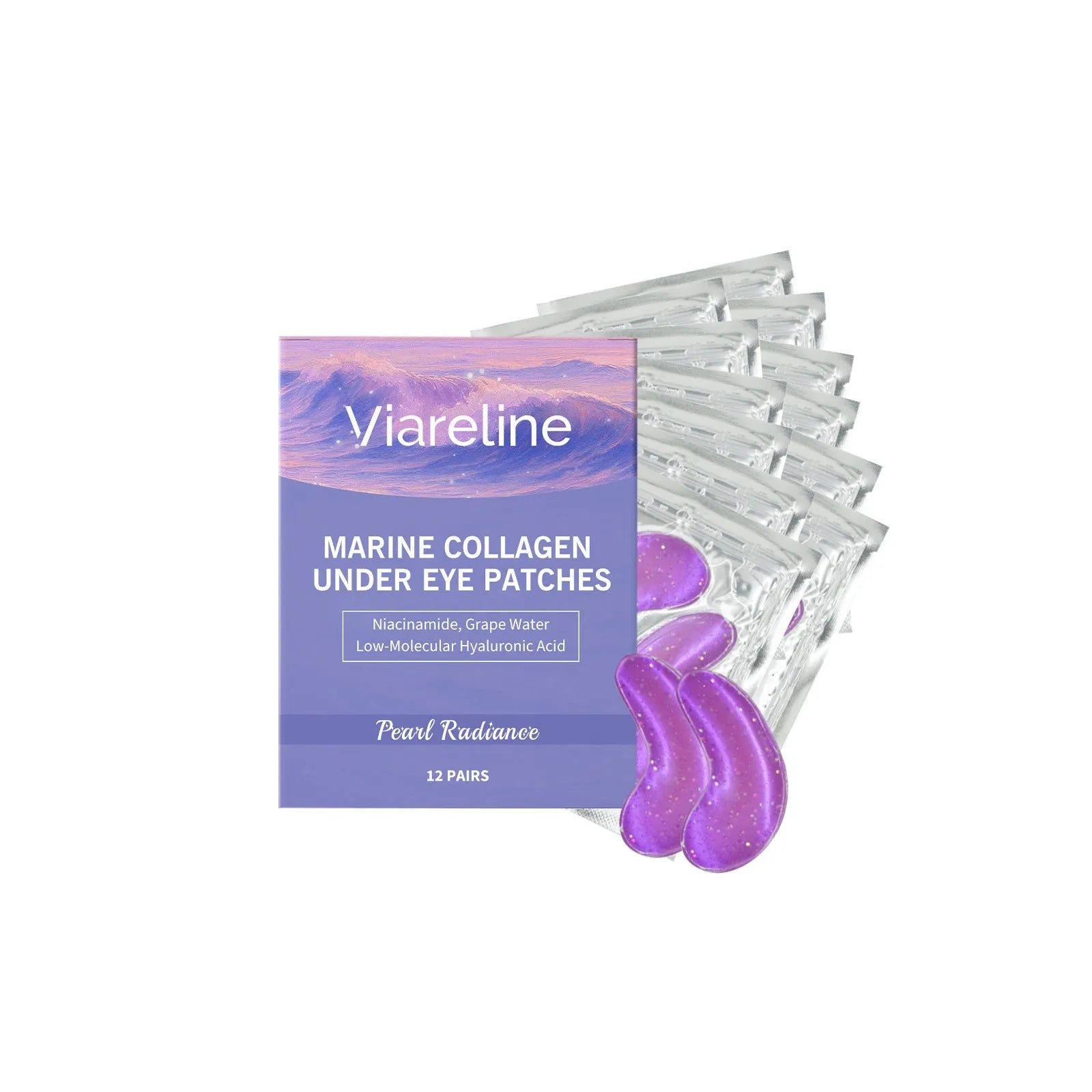 Pack of 12 collagen and hyaluronic acid gel eye masks for daily skincare.