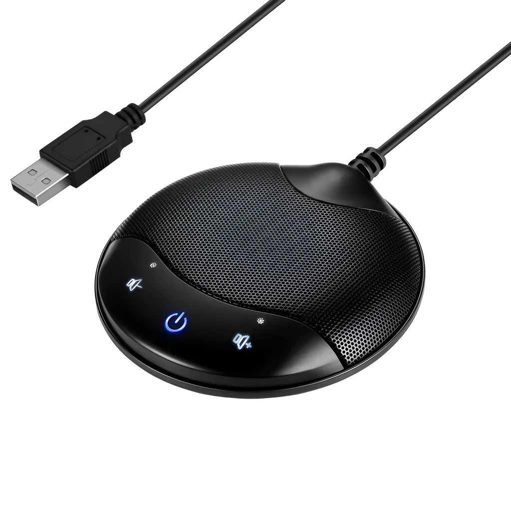 Black USB condenser microphone for conferences and gaming measuring 9x9x1.7cm