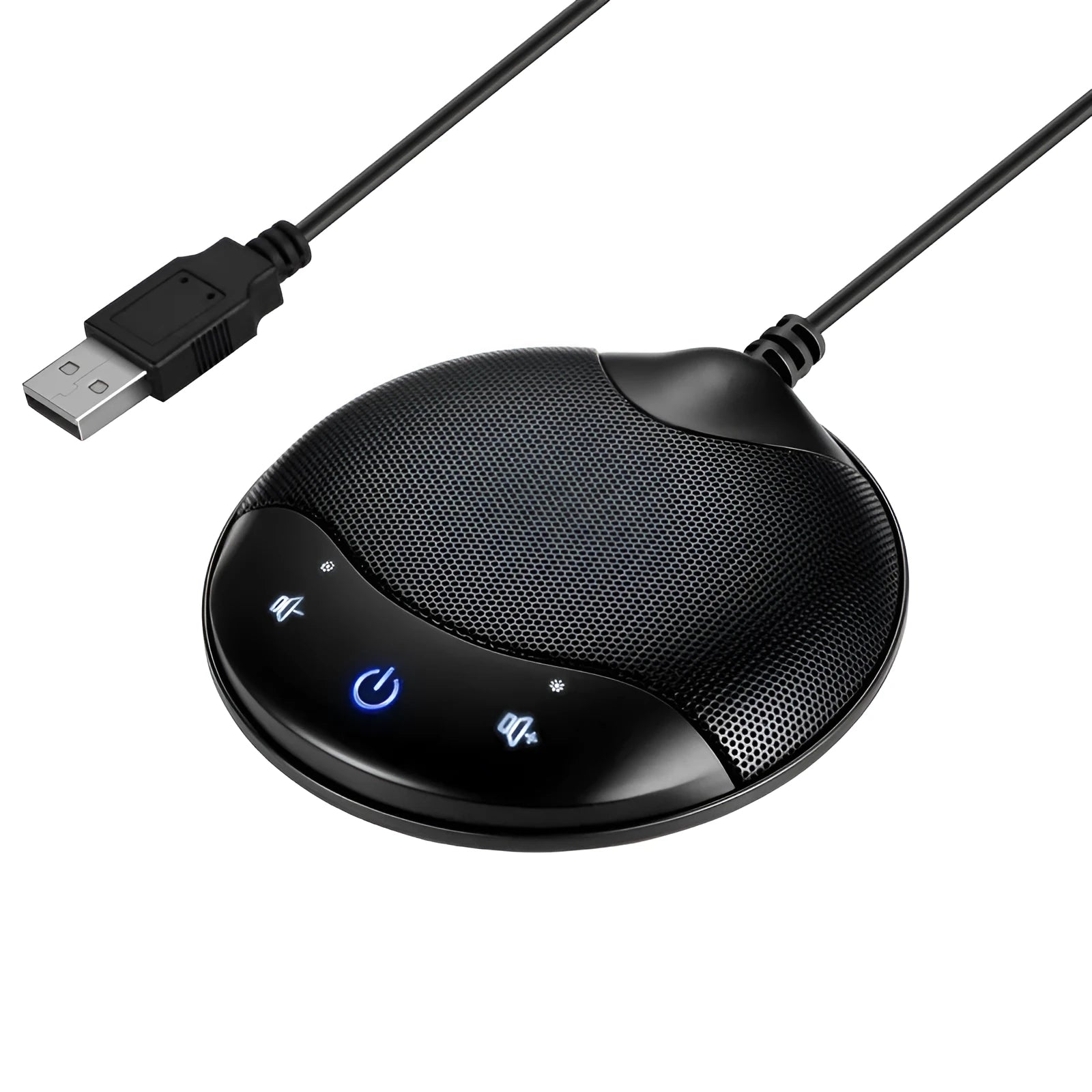 Black USB condenser microphone for conferences and gaming measuring 9x9x1.7cm