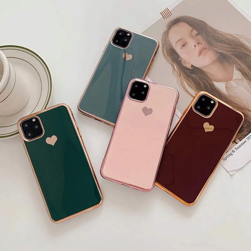 Solid colour TPU luxury plating love phone case for iPhone in blue, shown on a phone.