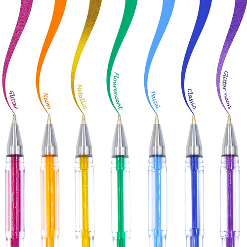 Set of 100 gel pens with watercolour effect, showing assorted colours and two tip sizes (0.5mm and 1mm) on a 15cm plastic body.