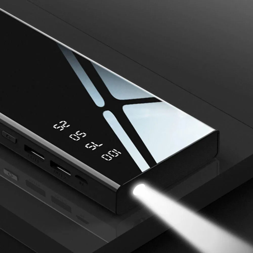 20000mAh portable power bank with LCD display showing battery percentage and dual USB ports