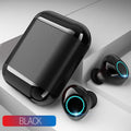 Black TWS wireless Bluetooth earplugs with charging case on a grey background