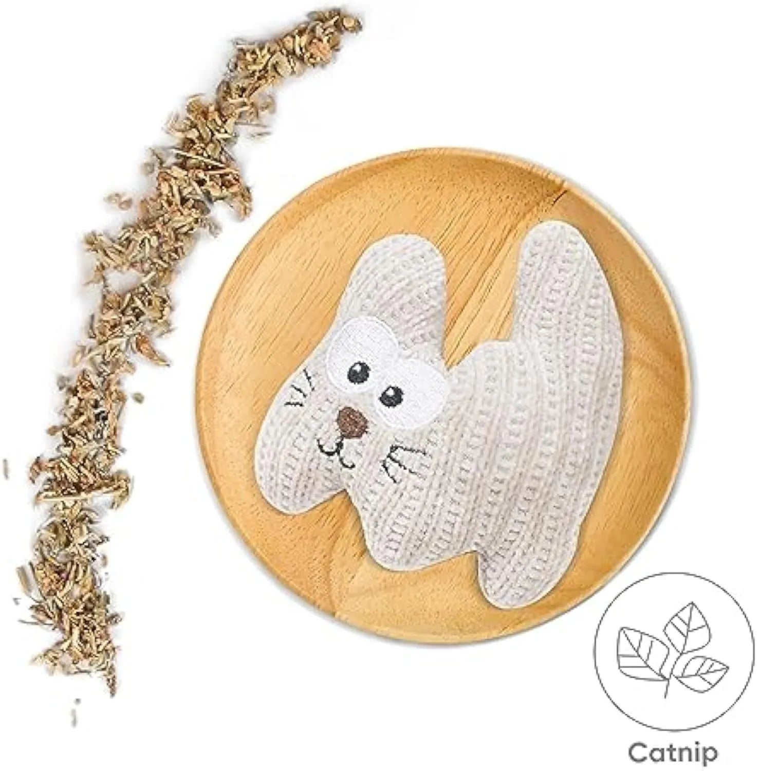 Cyan plush cat toy with bell and catnip, shown next to a light coffee coloured version.